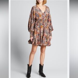 New RHODE Long Sleeve Dress with Blue and Brown Floral Pattern